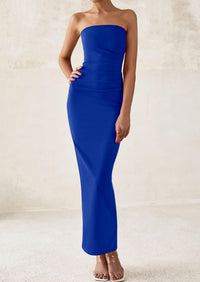 Strapless Tube Bodycon Ruched Slit Maxi Dresses