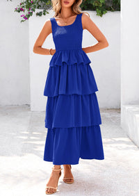 Sleeveless Scoop Neck Smocked A Line Tiered Beach Midi Dress