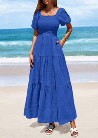 Puff Short Sleeve Square Neck Smocked Tiered Ruffle A Line Flowy Beach Maxi Dresses