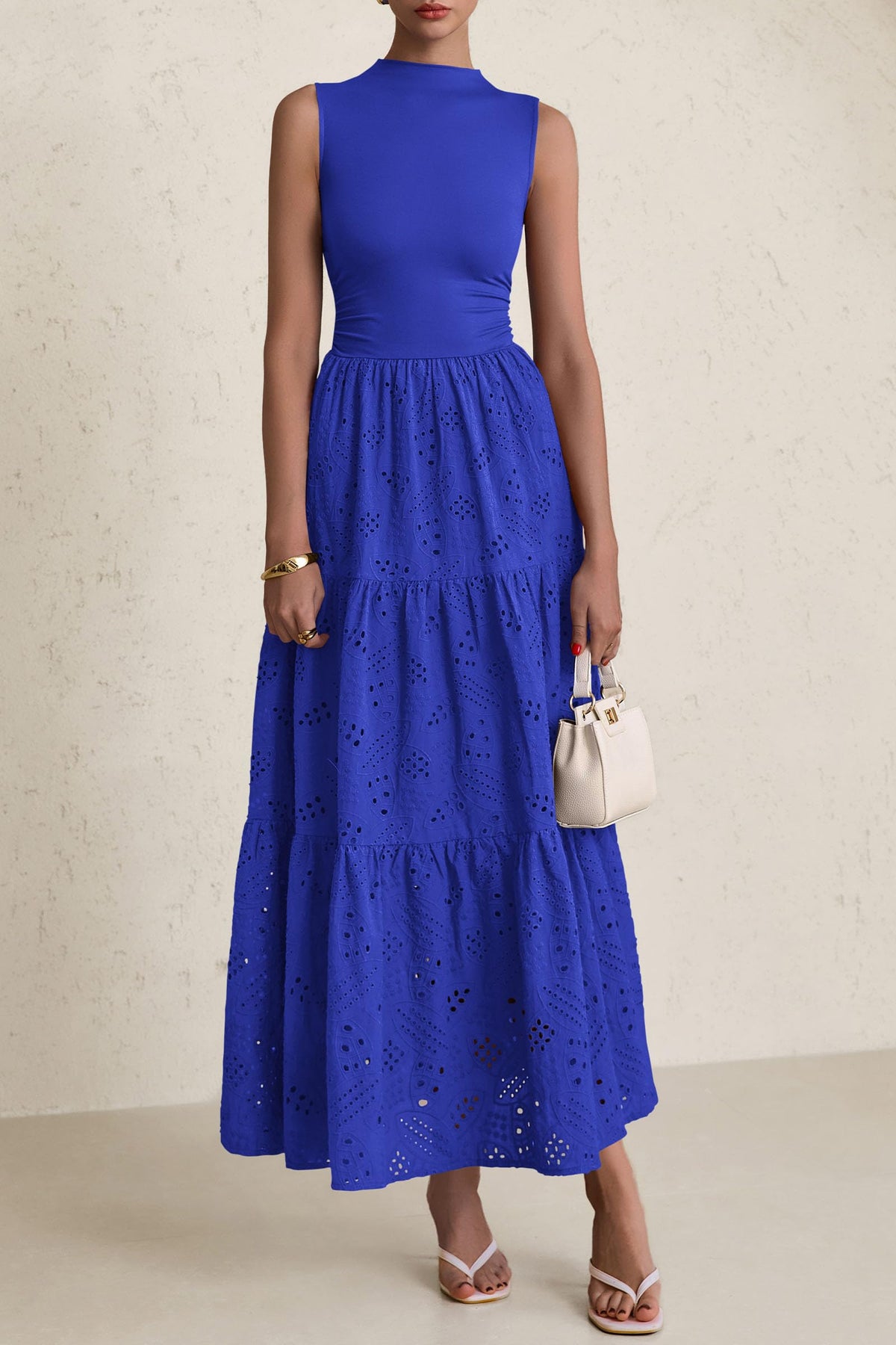 Casual Eyelet Sleeveless Maxi Dress with Pockets