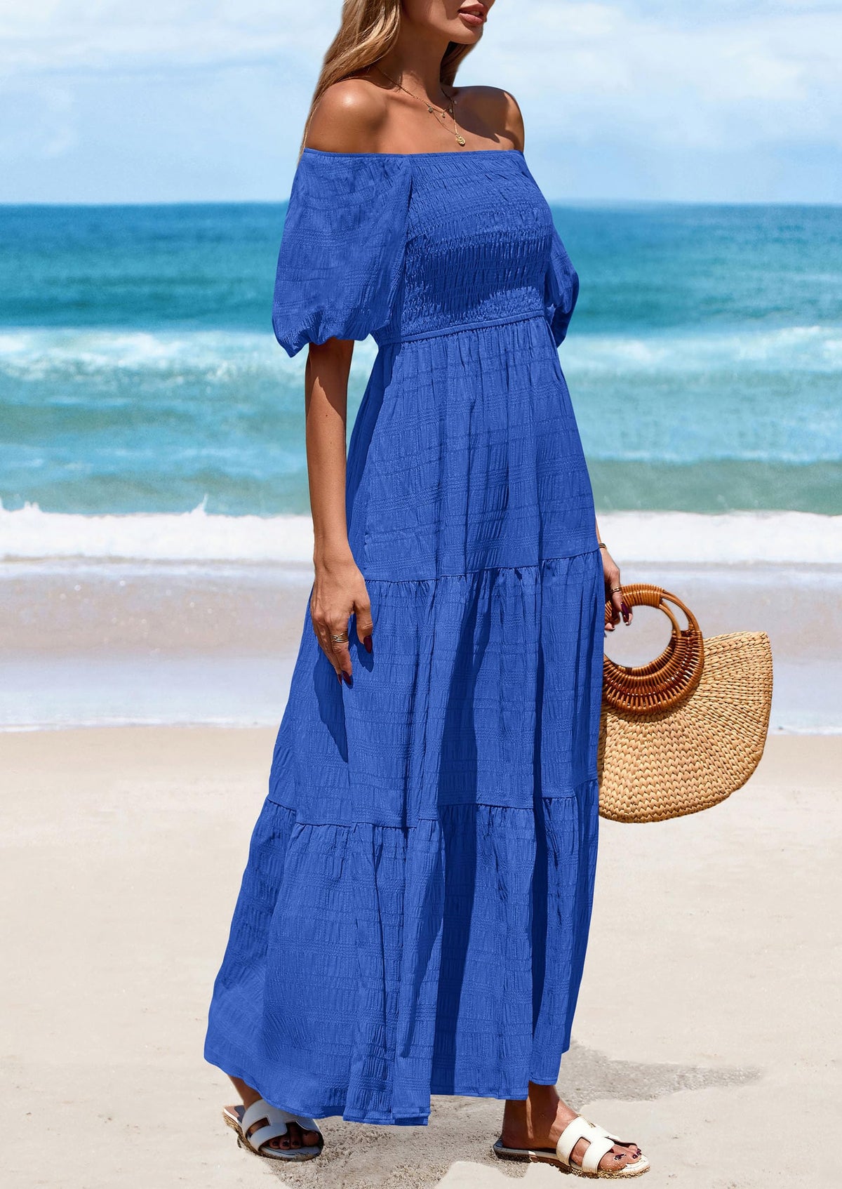 Puff Short Sleeve Square Neck Smocked Tiered Ruffle A Line Flowy Beach Maxi Dresses