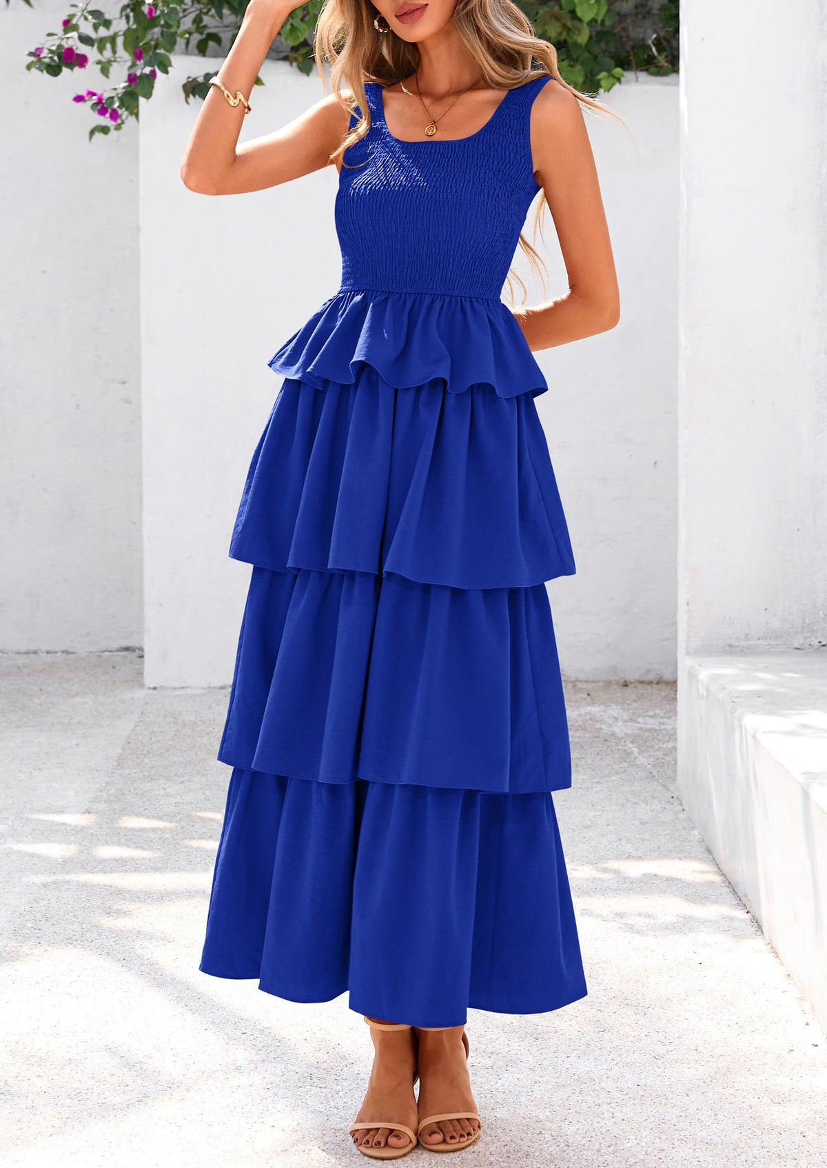 Sleeveless Scoop Neck Smocked A Line Tiered Beach Midi Dress