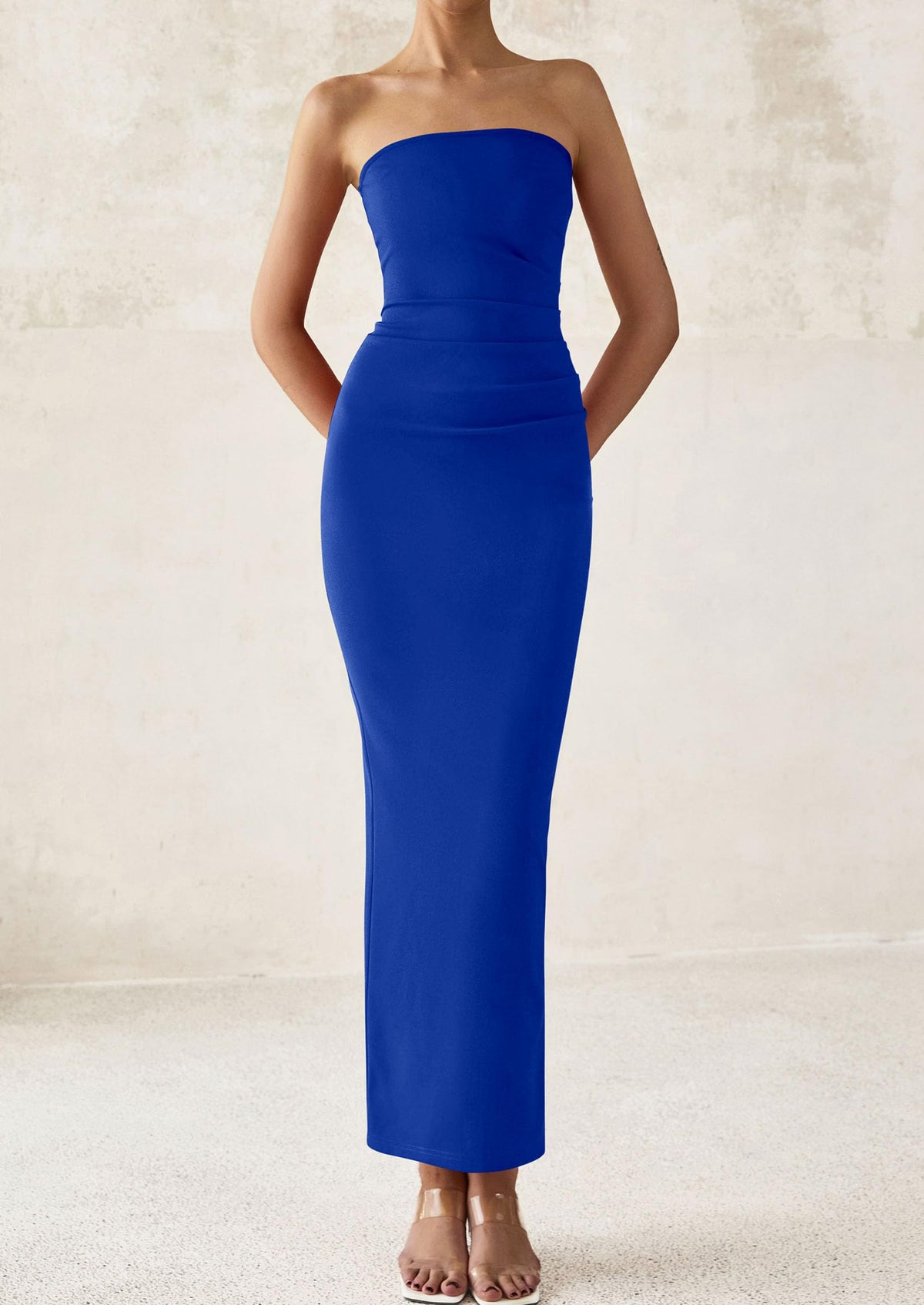 Strapless Tube Bodycon Ruched Slit Maxi Dresses