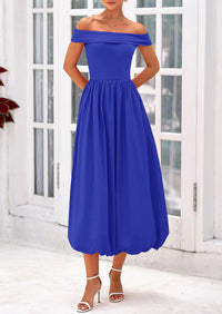 Off Shoulder Sleeveless A Line Midi Dress with Pockets
