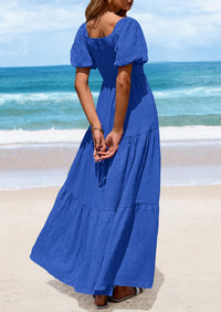 Puff Short Sleeve Square Neck Smocked Tiered Ruffle A Line Flowy Beach Maxi Dresses
