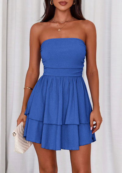 PRETTYGARDEN Women's Summer Strapless Tube Mini Dress Off Shoulder Smocked Ruffle A Line Flowy Short Party Club Dresses