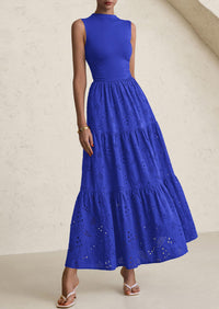 Casual Eyelet Sleeveless Maxi Dress with Pockets