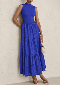 Casual Eyelet Sleeveless Maxi Dress with Pockets