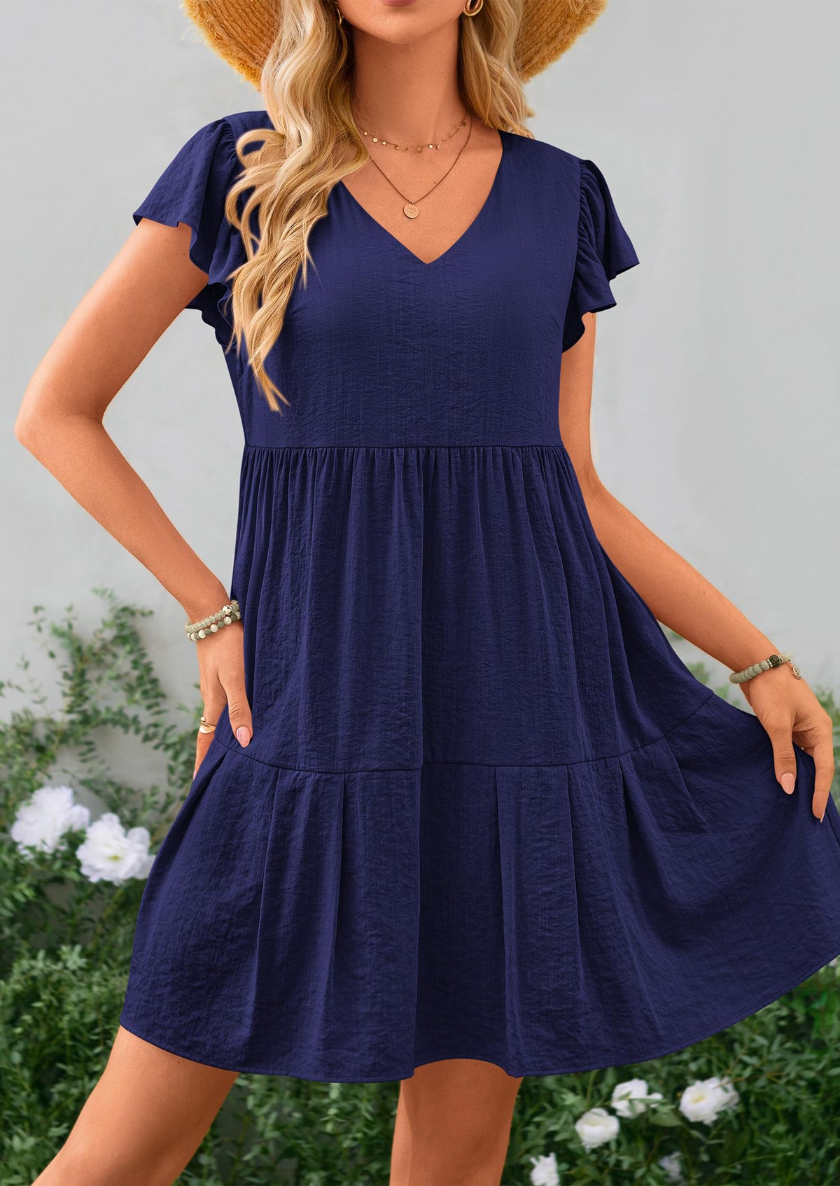 Casual Cap Sleeve V Neck Tiered Ruffle Swing A Line Dresses