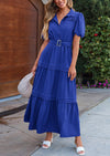 PRETTYGARDEN Women's Summer Maxi Dress Puff Short Sleeve Lapel V Neck Tiered A Line Flowy Elegant Party Dresses with Belt