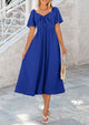 Casual Short Sleeve Bow Tie V Neck Ruffle Flowy Midi Dresses