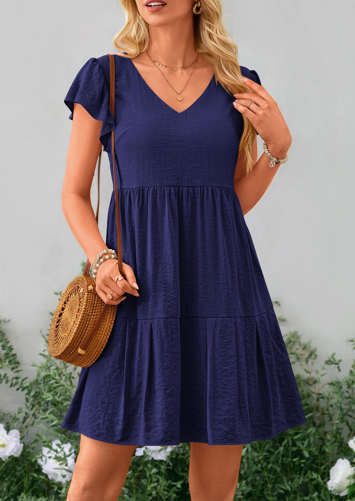 Casual Cap Sleeve V Neck Tiered Ruffle Swing A Line Dresses