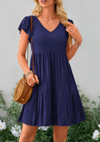 Casual Cap Sleeve V Neck Tiered Ruffle Swing A Line Dresses