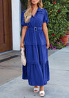 PRETTYGARDEN Women's Summer Maxi Dress Puff Short Sleeve Lapel V Neck Tiered A Line Flowy Elegant Party Dresses with Belt