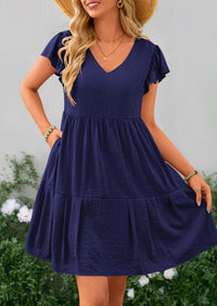 Casual Cap Sleeve V Neck Tiered Ruffle Swing A Line Dresses