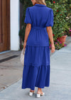 PRETTYGARDEN Women's Summer Maxi Dress Puff Short Sleeve Lapel V Neck Tiered A Line Flowy Elegant Party Dresses with Belt