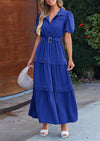 PRETTYGARDEN Women's Summer Maxi Dress Puff Short Sleeve Lapel V Neck Tiered A Line Flowy Elegant Party Dresses with Belt