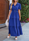 PRETTYGARDEN Women's Summer Maxi Dress Puff Short Sleeve Lapel V Neck Tiered A Line Flowy Elegant Party Dresses with Belt