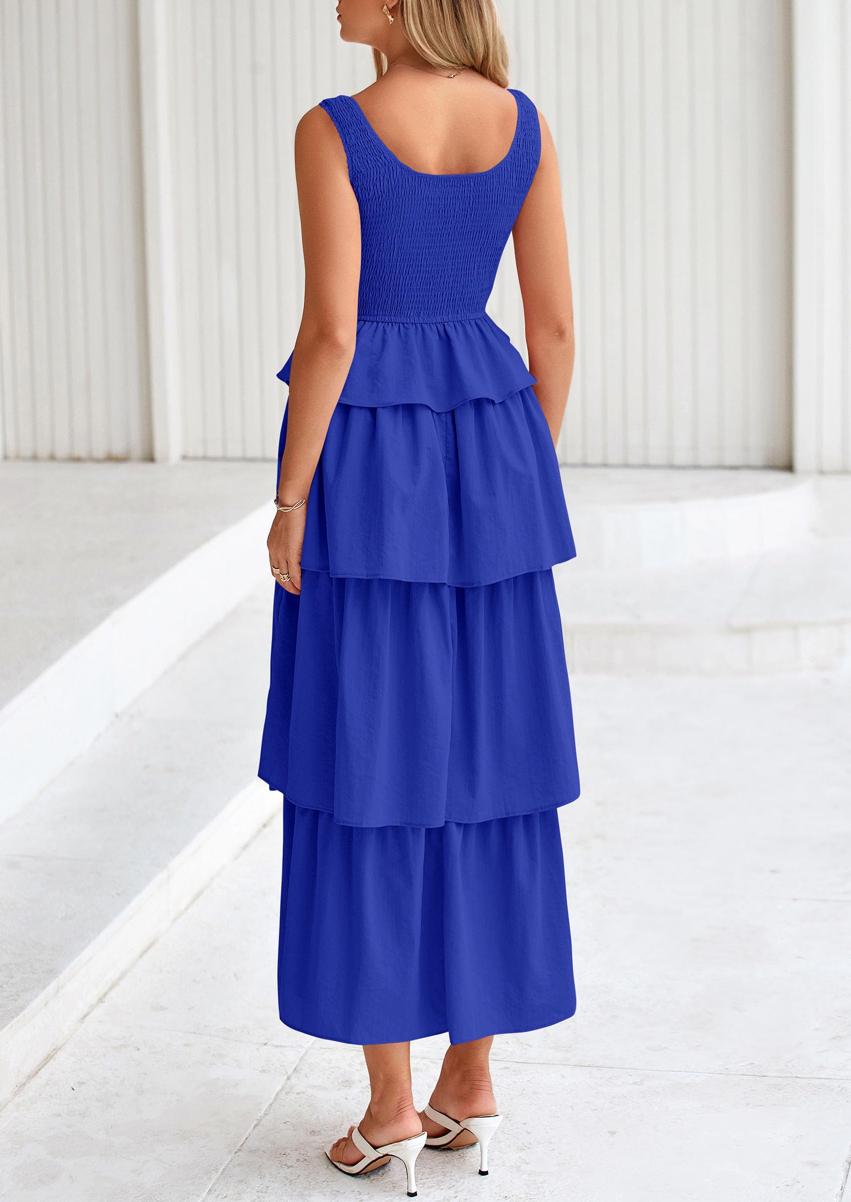 PRETTYGARDEN Womens Summer Sleeveless Midi Dress Scoop Neck A Line Smocked Ruffle Tiered Layered Beach Vacation Dresses