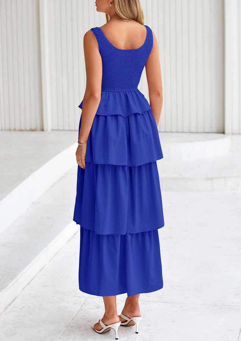 PRETTYGARDEN Womens Summer Sleeveless Midi Dress Scoop Neck A Line Smocked Ruffle Tiered Layered Beach Vacation Dresses