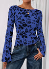 PRETTYGARDEN Women Long Sleeve Floral Mesh Tops Blouse  Fall Trendy Boat Neck Ruched Fitted Shirt Going Out Date Outfits