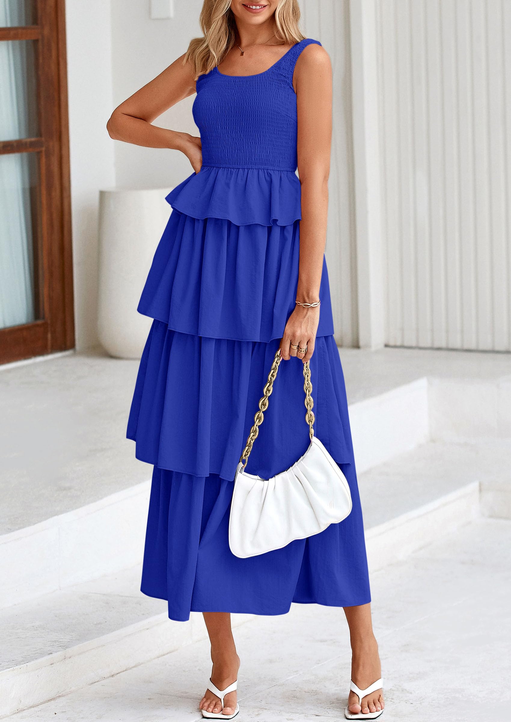 PRETTYGARDEN Womens Summer Sleeveless Midi Dress Scoop Neck A Line Smocked Ruffle Tiered Layered Beach Vacation Dresses
