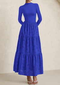 PRETTYGARDEN Long Sleeve Dress for Women Fall Eyelet Mock Neck A Line Elegant Classy Maxi Wedding Guest Dresses Pockets