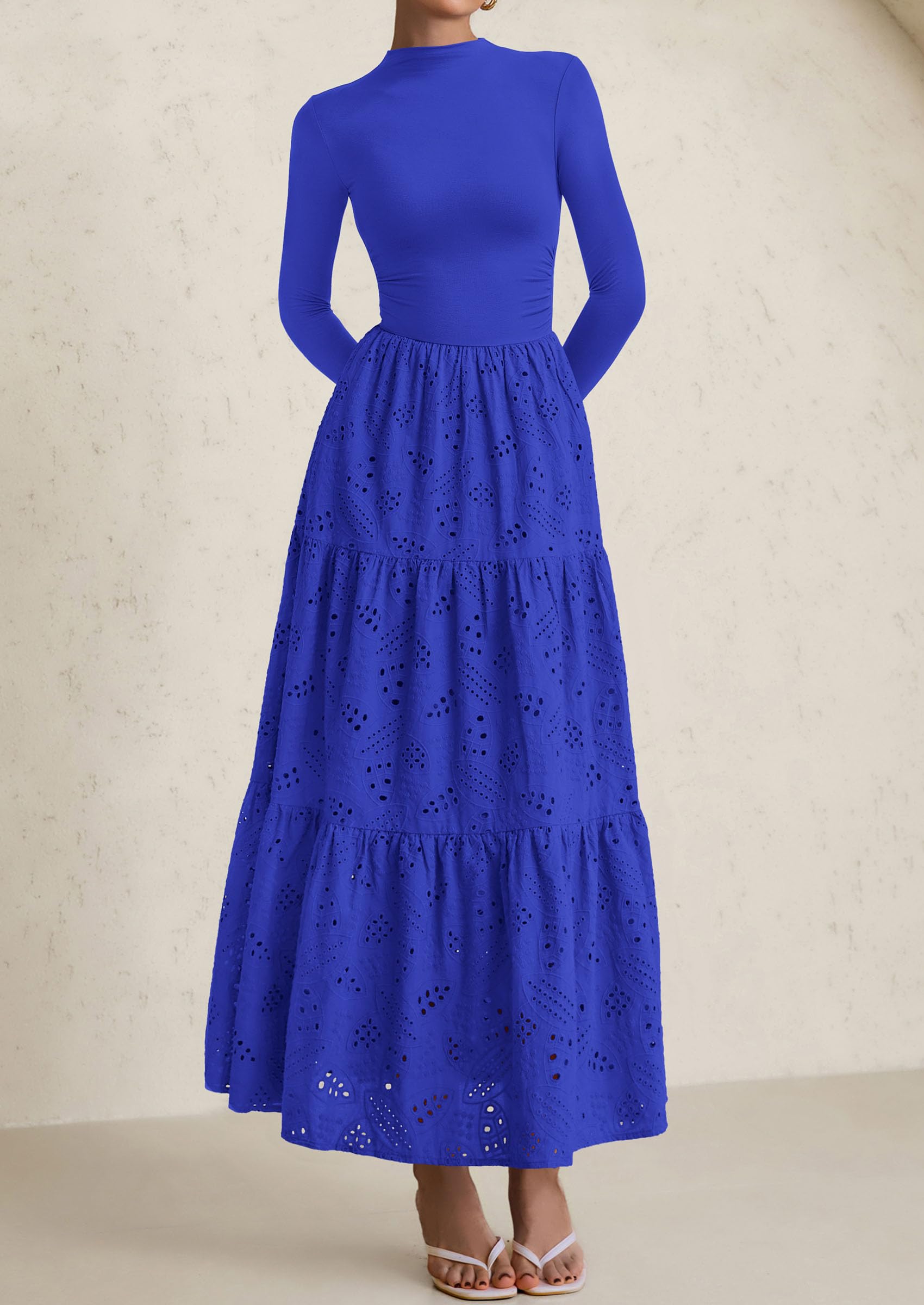 PRETTYGARDEN Long Sleeve Dress for Women Fall Eyelet Mock Neck A Line Elegant Classy Maxi Wedding Guest Dresses Pockets