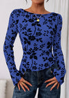 PRETTYGARDEN Women Long Sleeve Floral Mesh Tops Blouse  Fall Trendy Boat Neck Ruched Fitted Shirt Going Out Date Outfits