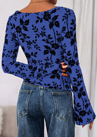 PRETTYGARDEN Women Long Sleeve Floral Mesh Tops Blouse  Fall Trendy Boat Neck Ruched Fitted Shirt Going Out Date Outfits