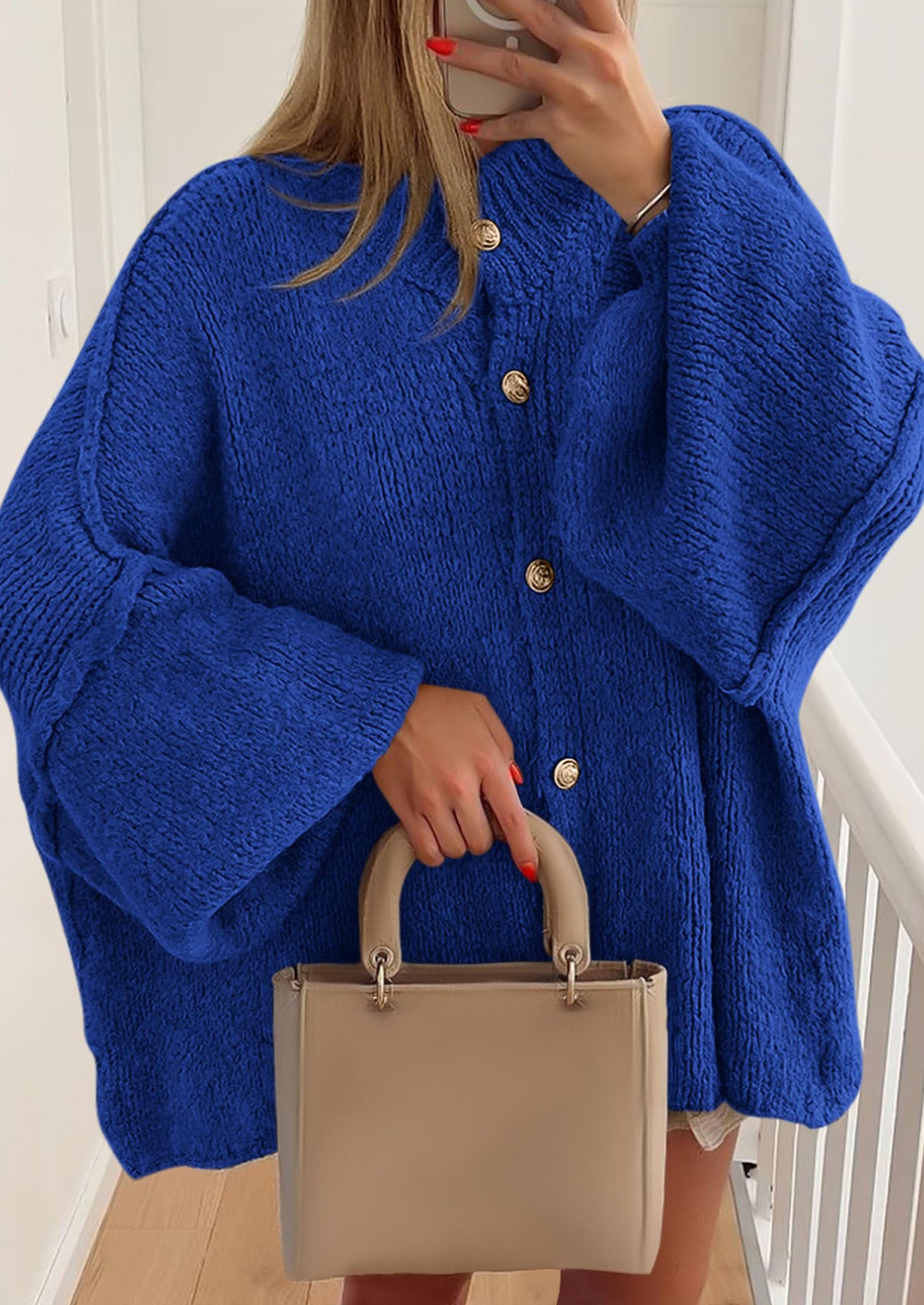 PRETTYGARDEN Women's Winter Button Down Cardigan Sweaters Mock Neck Lantern Long Sleeve Chunky Knit Jacket Trendy Outerwear