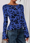 PRETTYGARDEN Women Long Sleeve Floral Mesh Tops Blouse  Fall Trendy Boat Neck Ruched Fitted Shirt Going Out Date Outfits