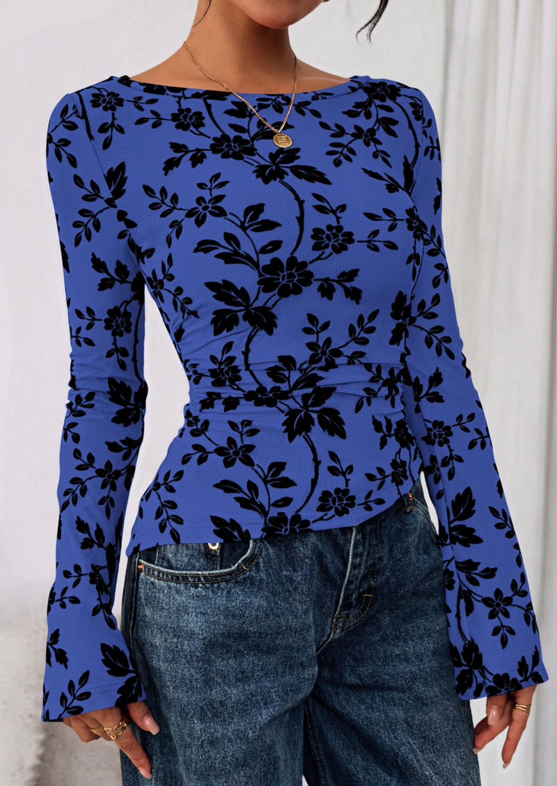 PRETTYGARDEN Women Long Sleeve Floral Mesh Tops Blouse  Fall Trendy Boat Neck Ruched Fitted Shirt Going Out Date Outfits