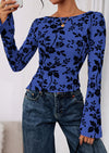 PRETTYGARDEN Women Long Sleeve Floral Mesh Tops Blouse  Fall Trendy Boat Neck Ruched Fitted Shirt Going Out Date Outfits