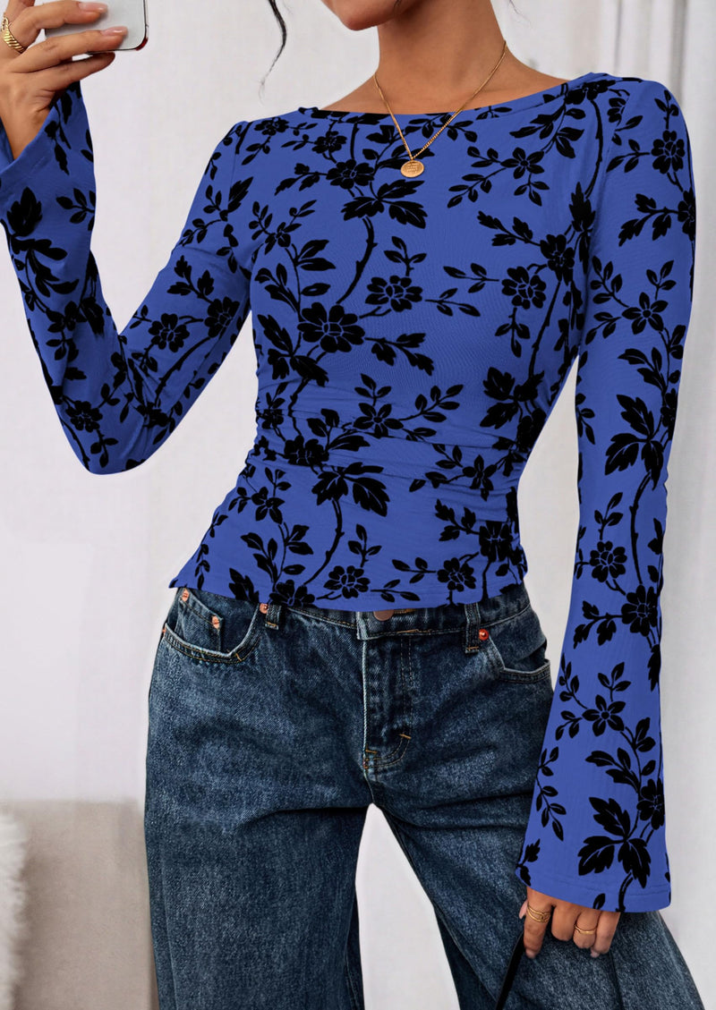 PRETTYGARDEN Women Long Sleeve Floral Mesh Tops Blouse  Fall Trendy Boat Neck Ruched Fitted Shirt Going Out Date Outfits