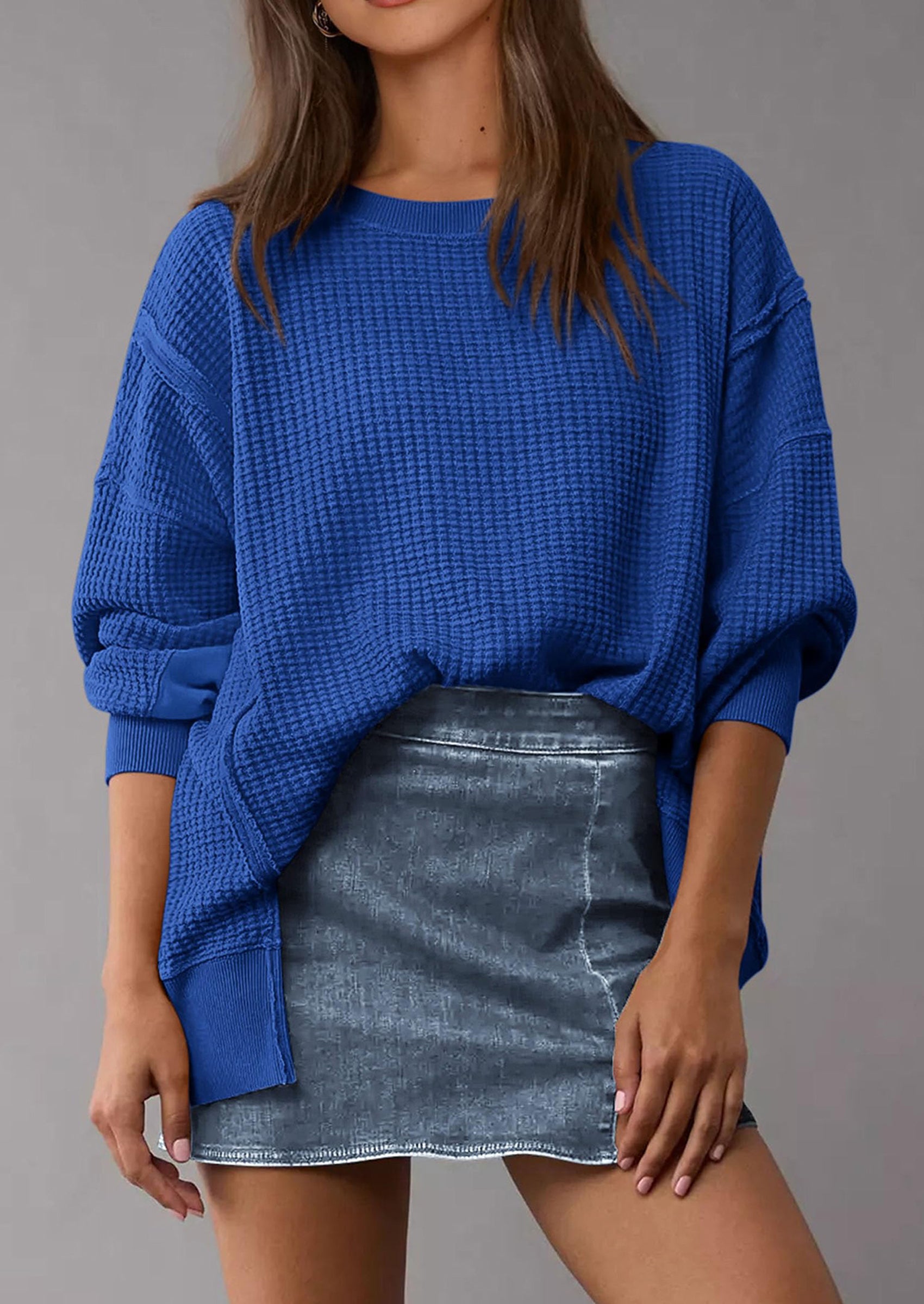 PRETTYGARDEN Oversized Sweatshirt for Women Fashion Crewneck Long Sleeve Pullover Waffle Knit Tops Fall Trendy Clothes