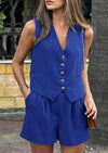 PRETTYGARDEN Women's Summer 2 Piece Outfits Sleeveless Matching Sets Button Down V Neck Vest Waistcoat and Pockets Shorts