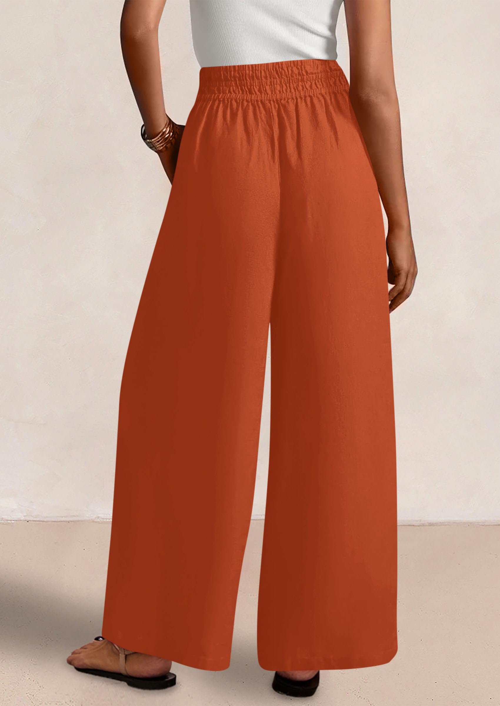 Casual Elastic Waist Loose Flowy Palazzo Pants Trousers with Pockets