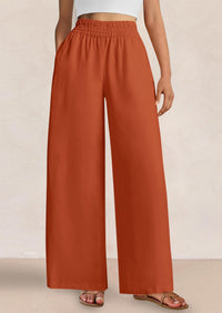 Casual Elastic Waist Loose Flowy Palazzo Pants Trousers with Pockets