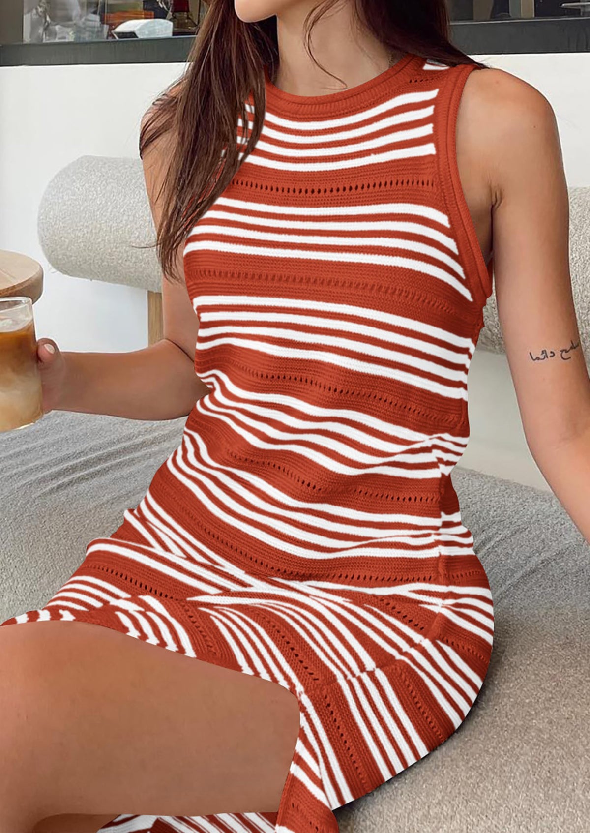 Knit Side Slit Striped Long Tank Dress