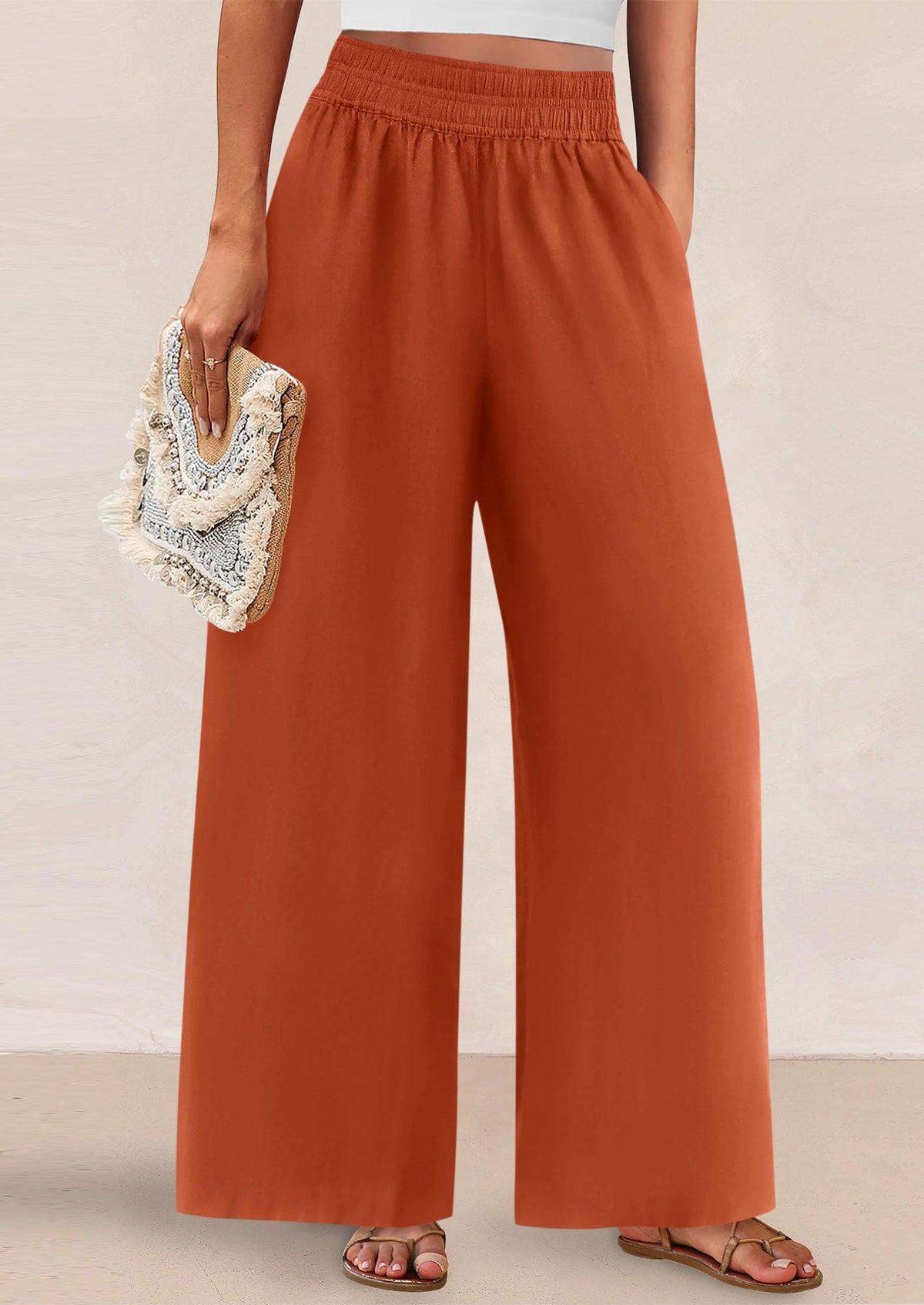 Casual Elastic Waist Loose Flowy Palazzo Pants Trousers with Pockets