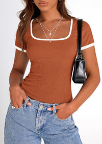 Casual Short Sleeve Ribbed Knit Square Neck Color Block Slim Fit Basic Crop T-shirts