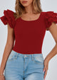 Ruffle Short Sleeve Casual Basic Fitted Crew Neck T-shirts