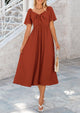 Casual Short Sleeve Bow Tie V Neck Ruffle Flowy Midi Dresses