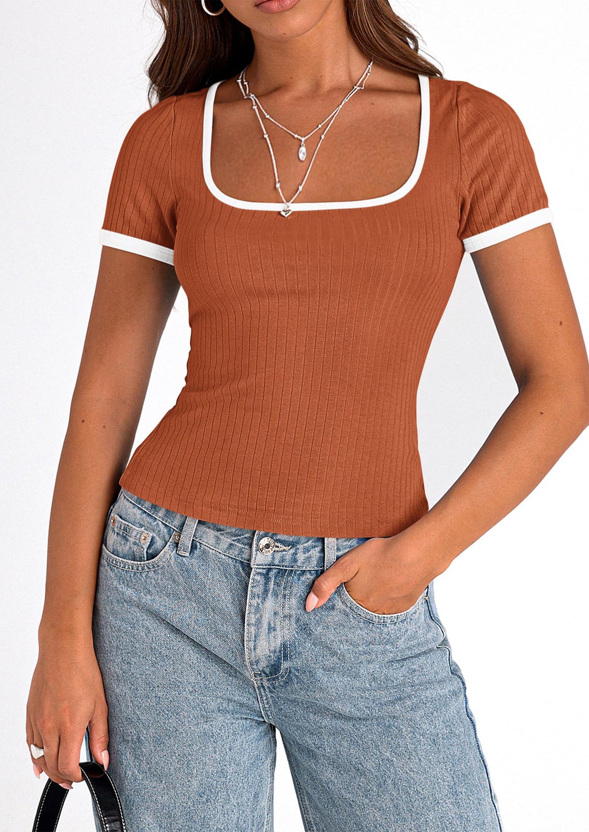 Casual Short Sleeve Ribbed Knit Square Neck Color Block Slim Fit Basic Crop T-shirts