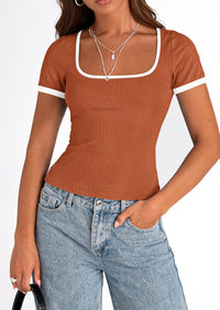 Casual Short Sleeve Ribbed Knit Square Neck Color Block Slim Fit Basic Crop T-shirts