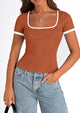 Casual Short Sleeve Ribbed Knit Square Neck Color Block Slim Fit Basic Crop T-shirts