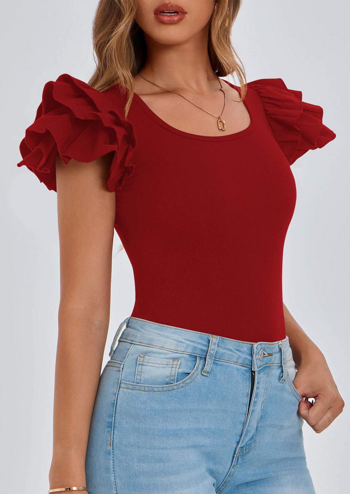 Ruffle Short Sleeve Casual Basic Fitted Crew Neck T-shirts