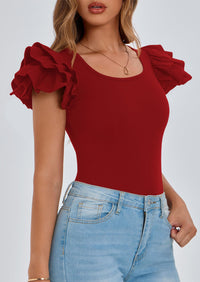 Ruffle Short Sleeve Casual Basic Fitted Crew Neck T-shirts