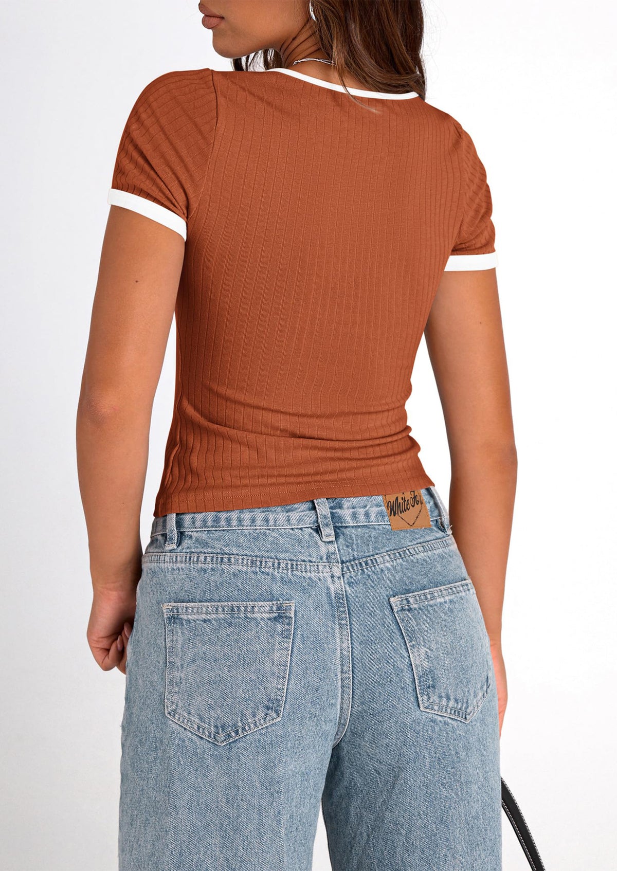 Casual Short Sleeve Ribbed Knit Square Neck Color Block Slim Fit Basic Crop T-shirts